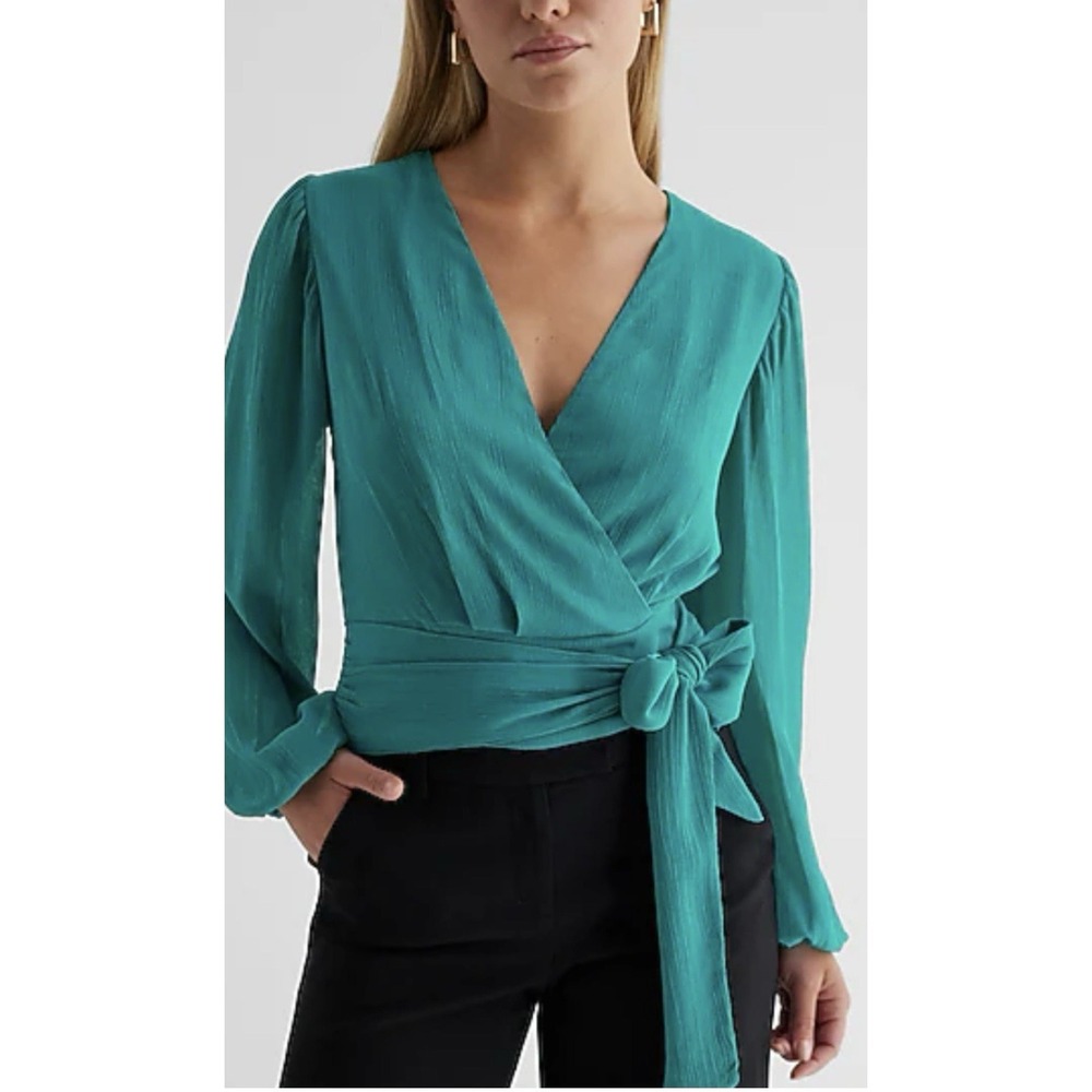 NEW! Express V Neck Faux Wrap Tie Waist‎ Top Sz Small Green Office Career
